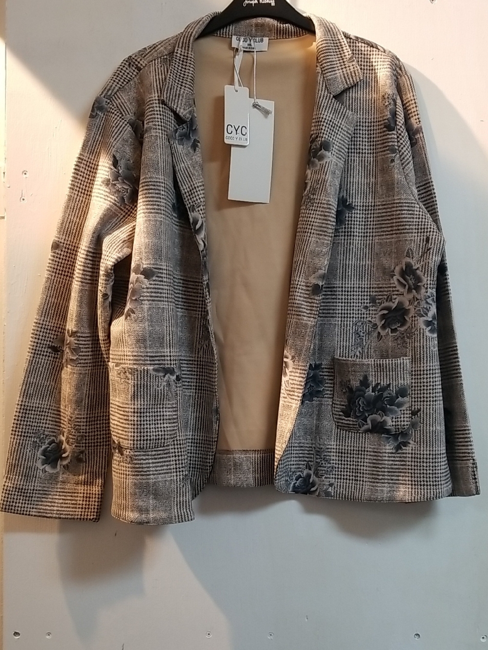 Plaid Floral Blazer Jacket - Beige and Black